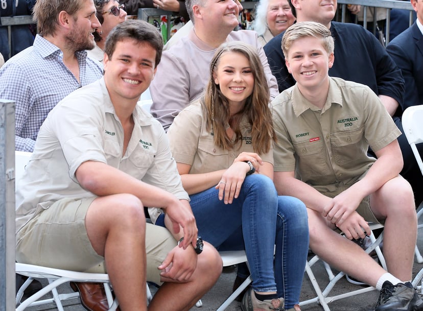 HOLLYWOOD, CA - APRIL 26:  (L-R) Wakeboarder Chandler Powell and conservationists/TV personalities Bindi Irwin and Robert Irwin attend Steve Irwin being honored posthumously with a Star on the Hollywood Walk of Fame on April 26, 2018 in Hollywood, Califor