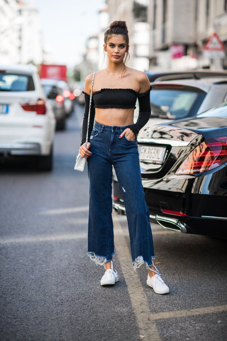 Sara Sampaio Rocked a Black Crop Top and Distressed Jeans During MFW