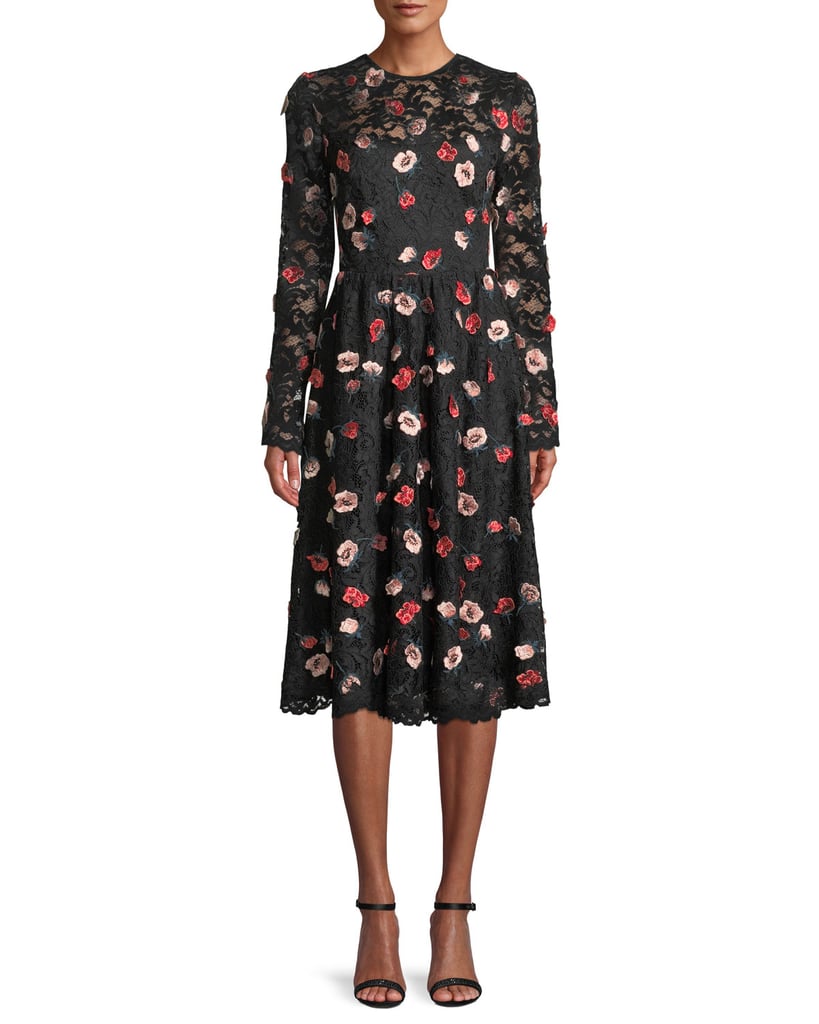 Lela Rose Long-Sleeve Fit-and-Flare Floral-Embroidered Lace Dress