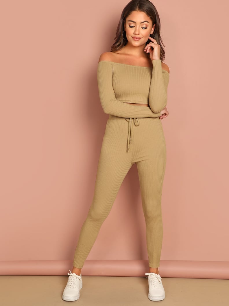 Shein Ribbed Bardot Top & Drawstring Waist Pants Set