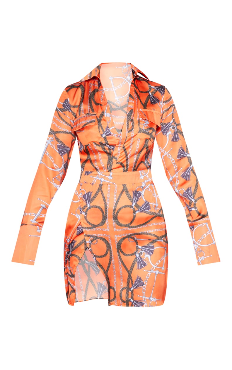 Orange Chain Print Satin Plunge Bodycon Dress
