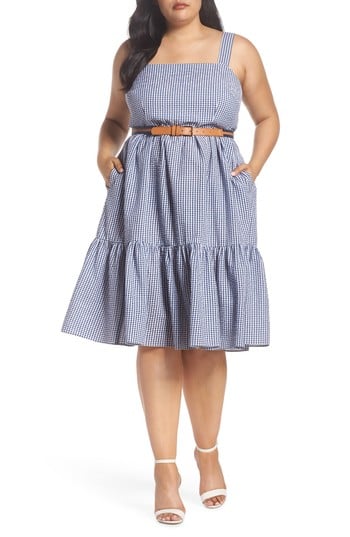 Eliza J Belted Gingham Seersucker Fit & Flare Dress
