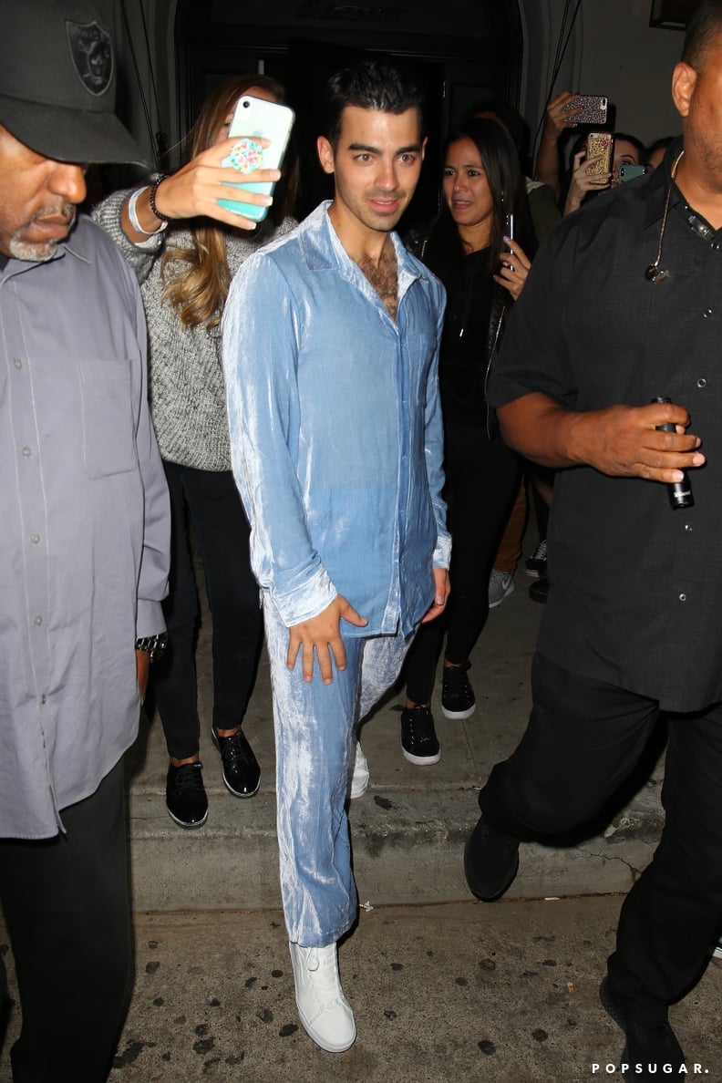 Joe Jonas Wearing a Blue Corduroy Suit at Craig's in West Hollywood