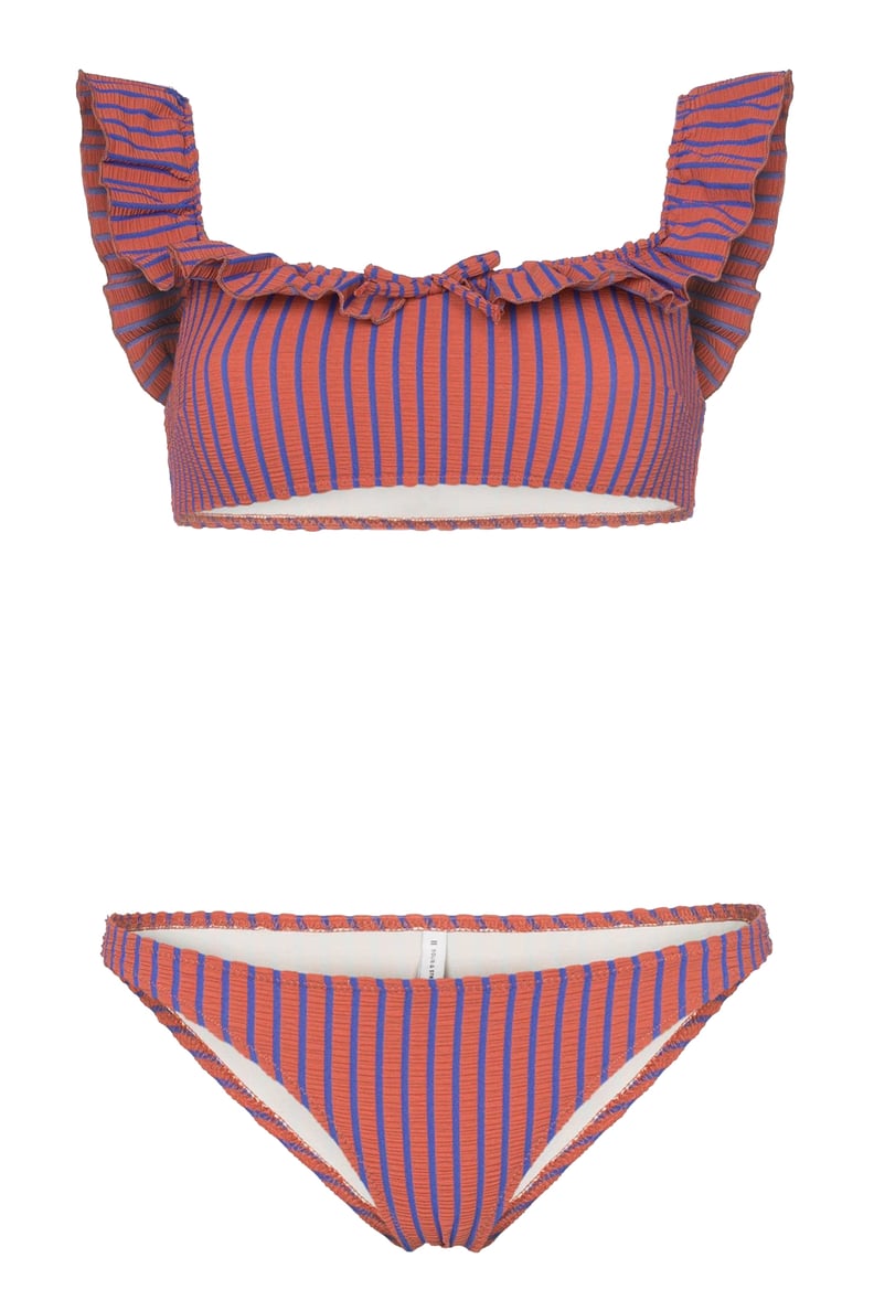 Solid & Striped Off the Shoulder Ruffle Bikini Top and Striped Bikini Bottoms