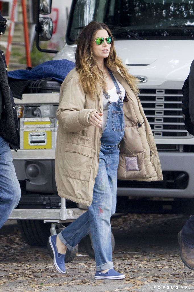 Jessica Biel Pregnant in Overalls