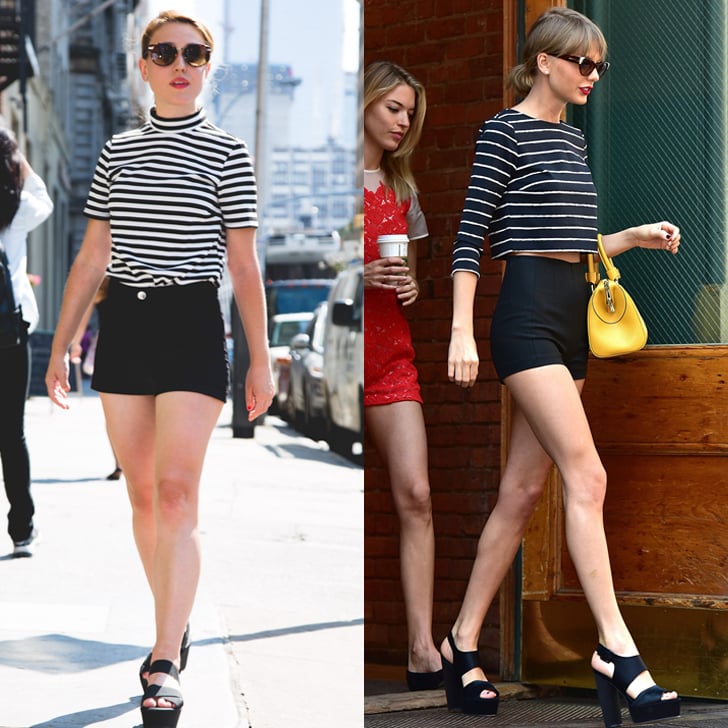 I started out with one of Taylor's signature looks: a striped shirt and a pair of black shorts. While the revealing bottoms left my legs feeling a little bare, this simple outfit is one I'd wear on the weekend or even in a pinch.