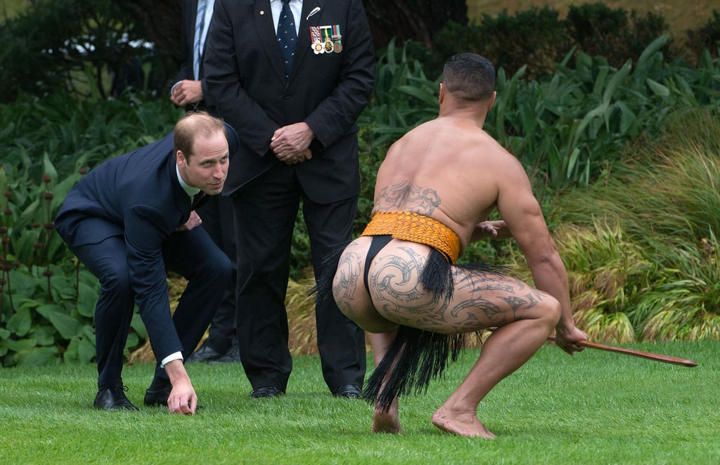Prince William spent time with a Maori man during a ceremonial welcome in Wellington, New Zealand.