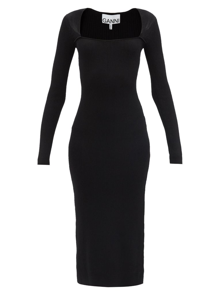 Ganni Square-Neck Ribbed-Knit Midi Dress
