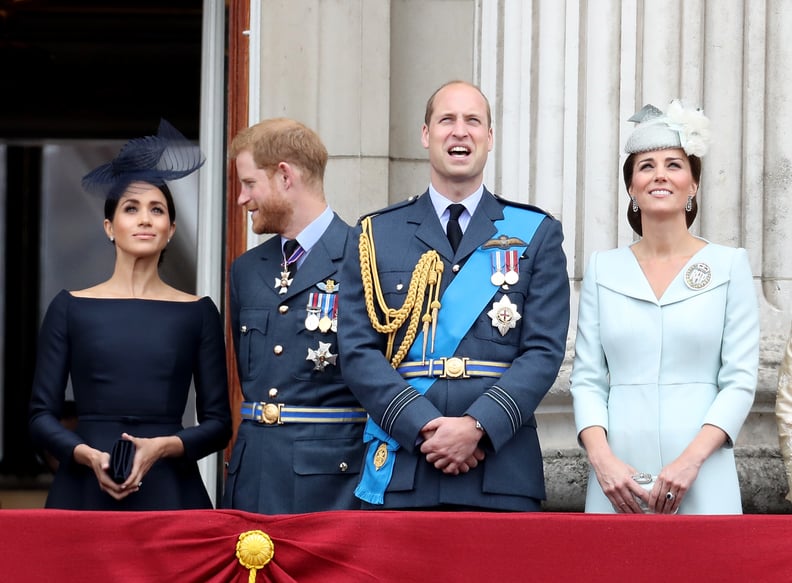 LONDON, ENGLAND - JULY 10:  (L-R) Meghan, Duchess of Sussex, Prince Harry, Duke of Sussex, Prince William, Duke of Cambridge and Catherine, Duchess of Cambridge watch the RAF flypast on the balcony of Buckingham Palace, as members of the Royal Family atte