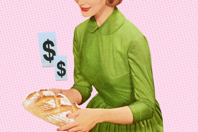 A vintage image of a woman holding a loaf of bread is accompanied by dollar signs.