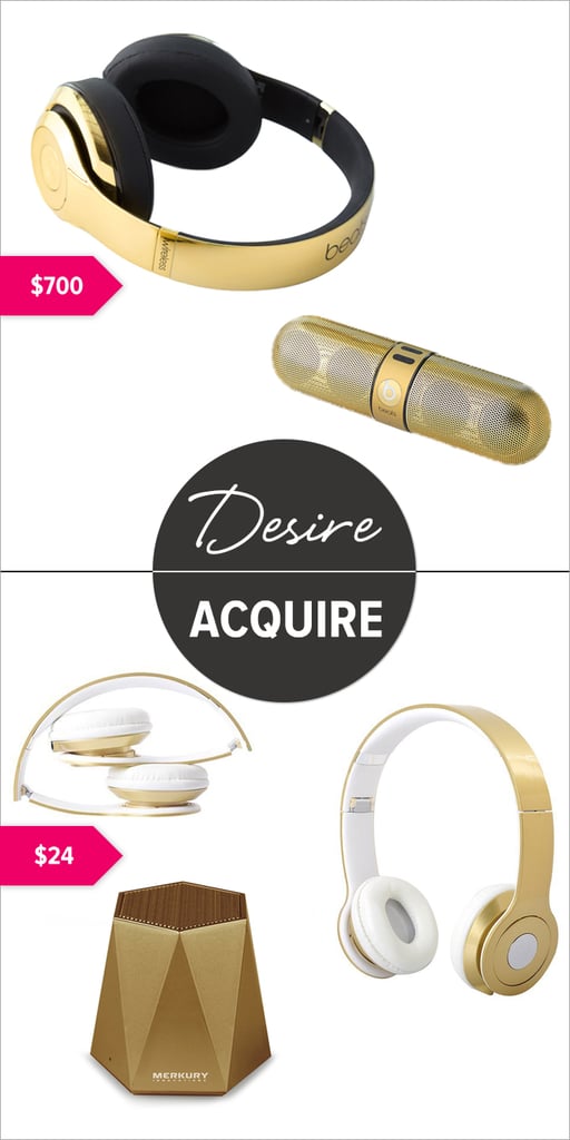Gold Headphones and Bluetooth Speaker