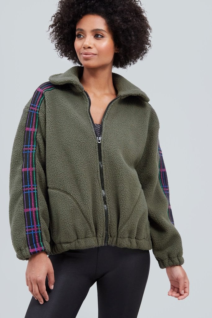 Terez Olive Glitter Plaid Fleece Jacket