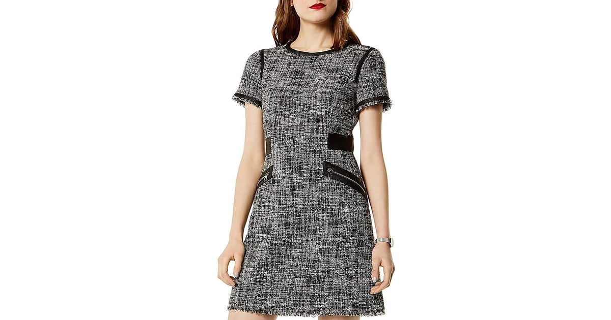 Karen Millen Faux-Leather Trim Tweed Dress | Blake Lively Chanel Dress ...