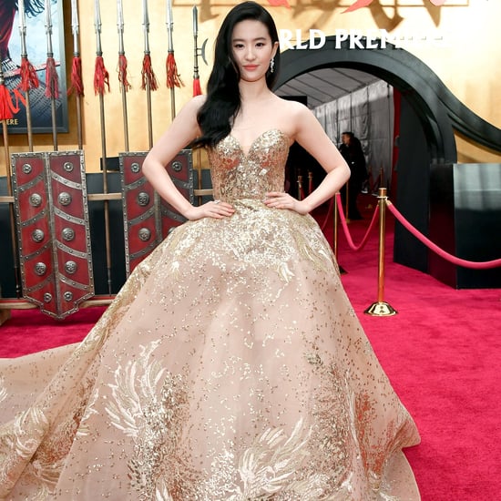 Yifei Liu Wearing Gold Elie Saab Gown at Mulan Premiere