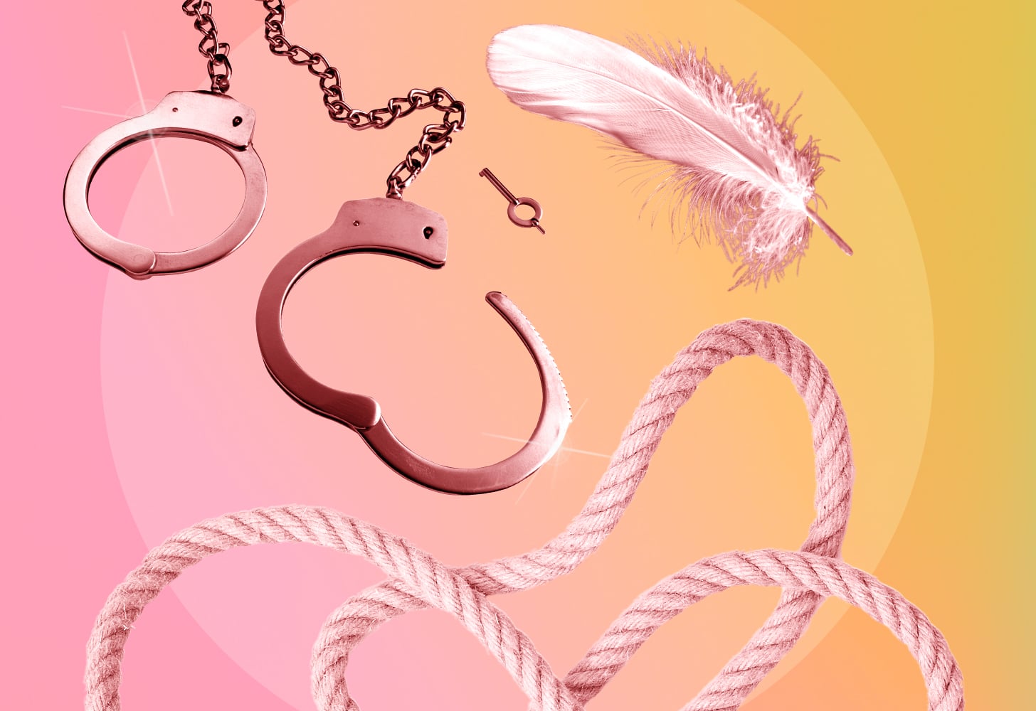 Designed Image of Rope, Handcuffs, and a Feather on Pink Background