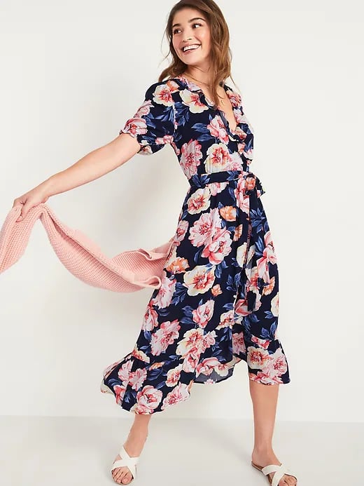 Old Navy Waist-Defined Ruffled Tie-Belt Midi Wrap Dress