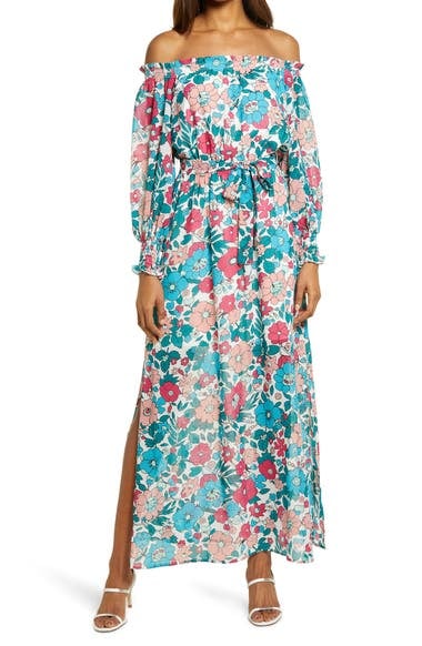 Charles Henry Floral Off the Shoulder Long Sleeve Maxi Dress