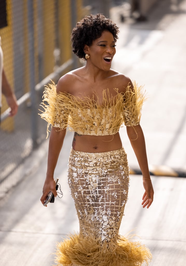 Keke Palmer Glows in This Feathered Georges Chakra Skirt Set