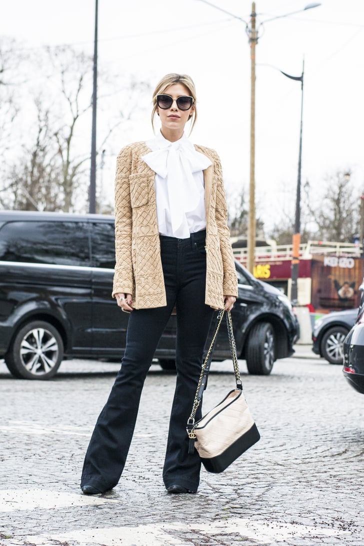 A Pretty White Blouse, a Beige Coat, and Black Flared Jeans | 34 Outfit  Ideas That You'll Love Wearing This Fall | POPSUGAR Fashion Photo 16