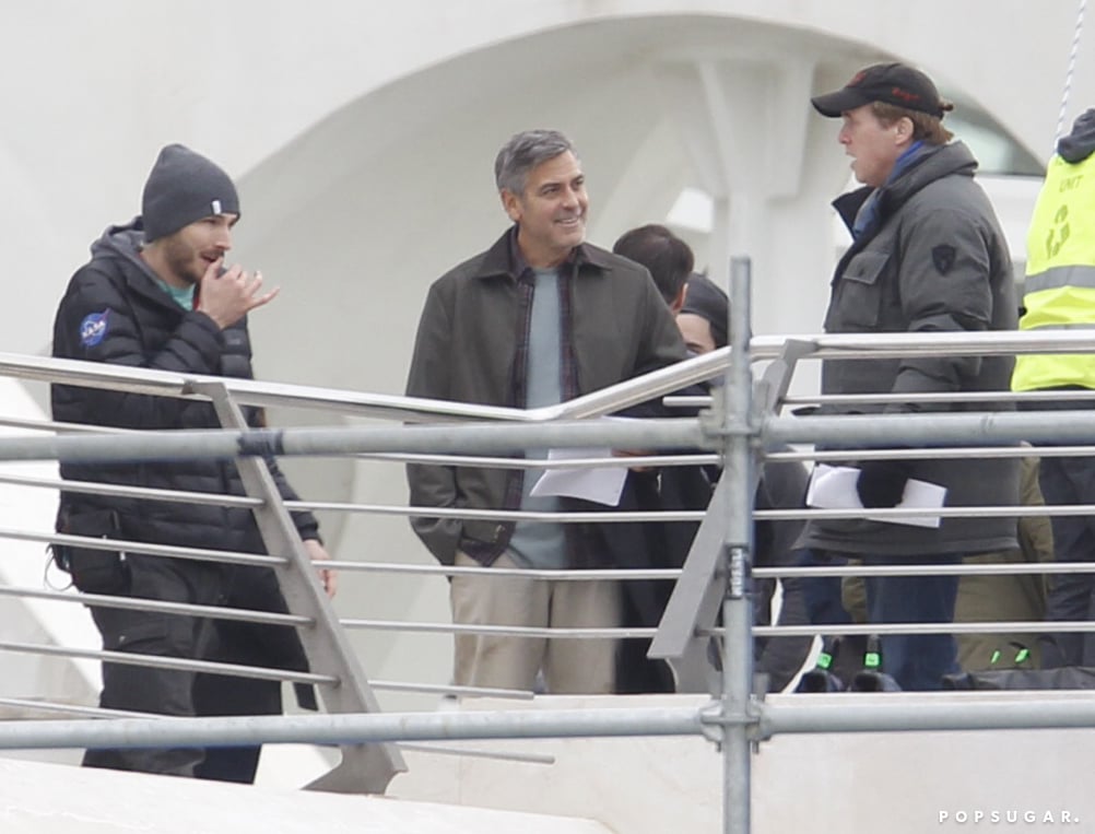 George Clooney flashed a friendly smile on the set of Tomorrowland in Valencia, Spain, on Wednesday.