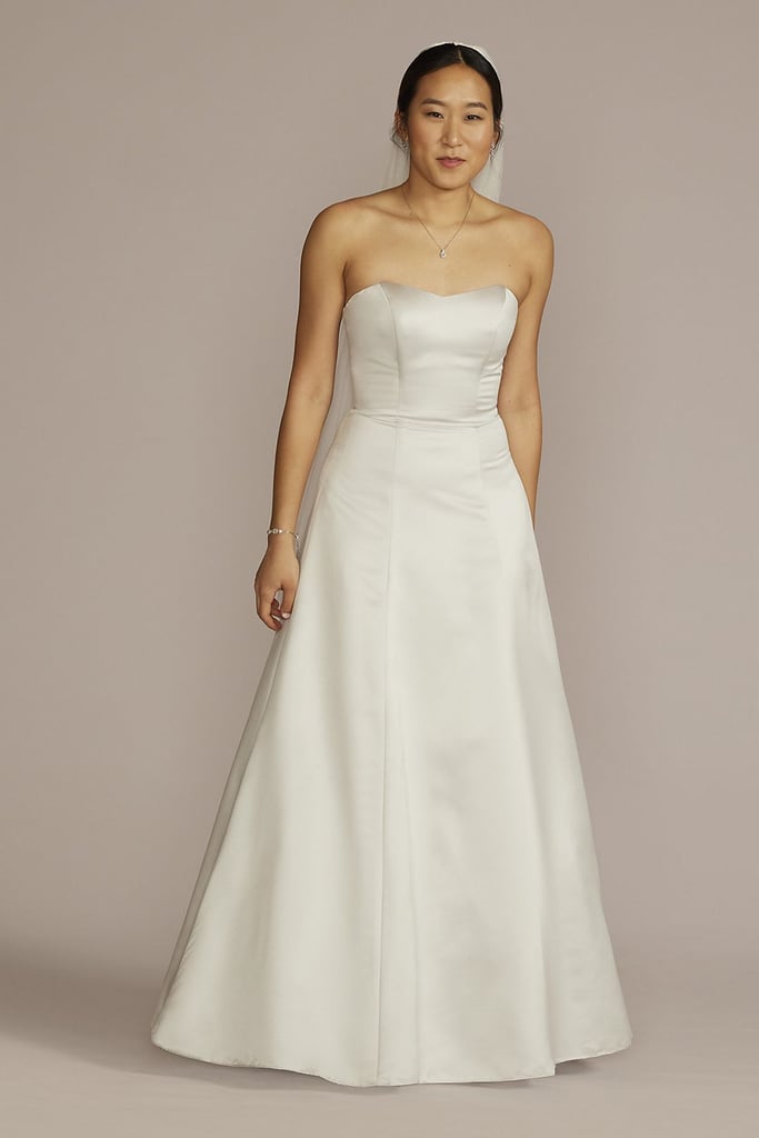 A Simple Modern Wedding Dress: David's Bridal Strapless A-Line Satin Wedding Dress