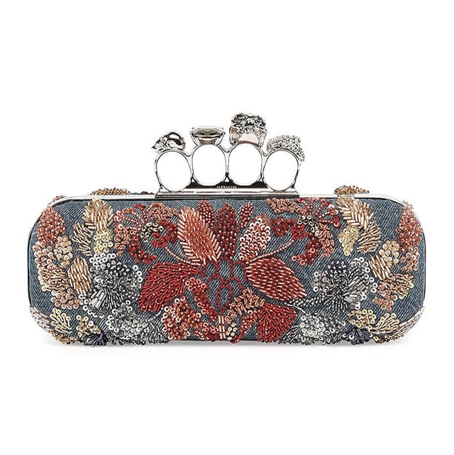 Alexander McQueen Knuckle Duster w/Floral Embroidery Denim Box Clutch Bag ($3,395)