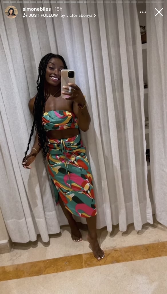 Simone Biles Wearing $40 Abstract Two-Piece Skirt Set