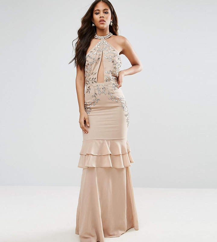 Maya Tall High Neck Embellished Plunge Front Maxi Dress With Frill Skirt Detail