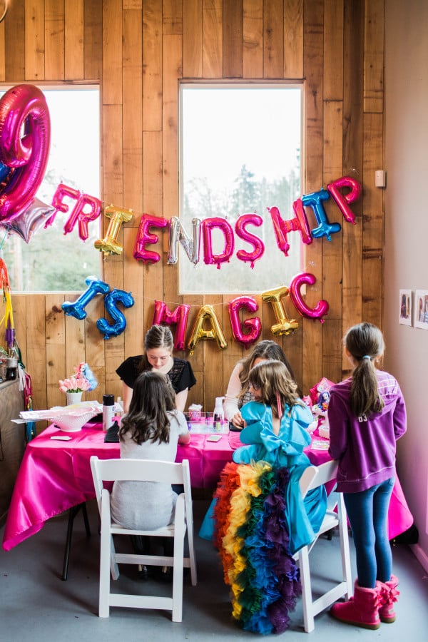 As our guests began to arrive, Ally escorted them to “Twilight Sparkle’s Beauty Bar” for rainbow manicures, cutie mark tattoos and Equestria Girl hairdos and extensions.