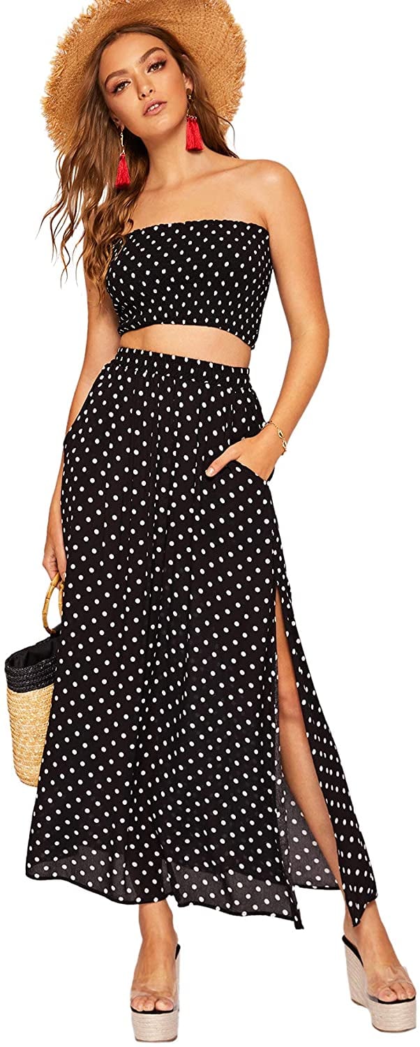 Floerns Two-Piece Polka Dots Crop Top and Long Skirt Set