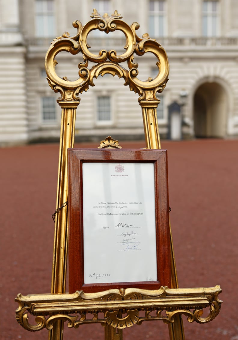 Births Are Announced on an Easel Outside of Buckingham Palace