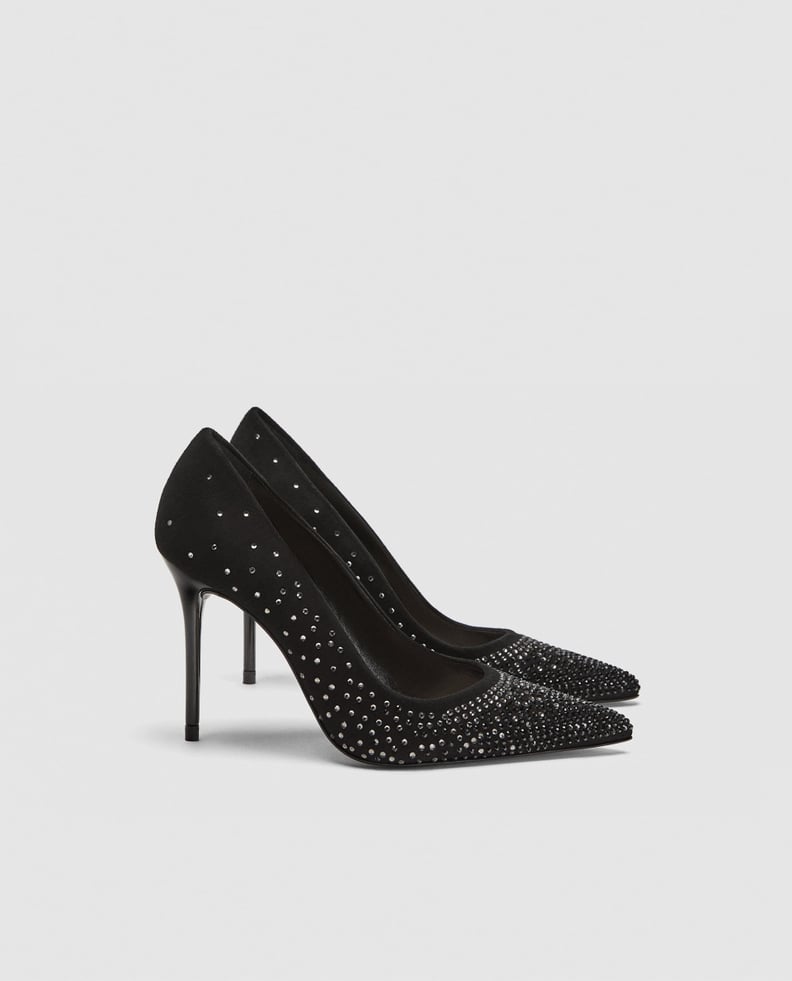 Zara Leather High Heels With Diamanté Detailing