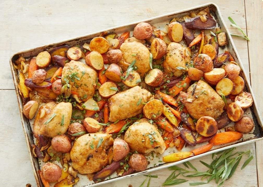 Sheet-Pan Maple Mustard Chicken Thighs With Potatoes and Carrots