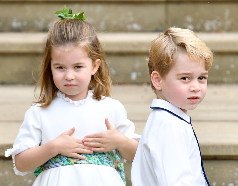 WINDSOR, UNITED KINGDOM - OCTOBER 12: (EMBARGOED FOR PUBLICATION IN UK NEWSPAPERS UNTIL 24 HOURS AFTER CREATE DATE AND TIME) Princess Charlotte of Cambridge and Prince George of Cambridge attend the wedding of Princess Eugenie of York and Jack Brooksbank 