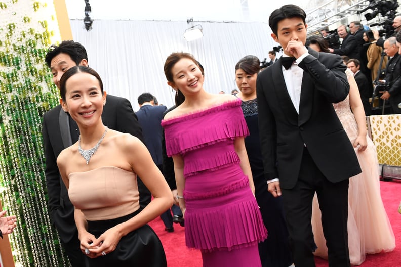 Cho Yeo-jeong, Park So-dam, and Choi Woo-shik at the 2020 Oscars