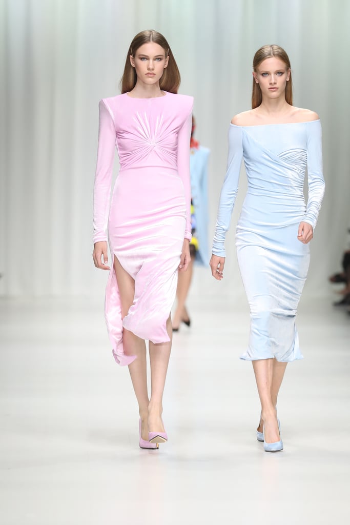 Keeping with the color scheme, we think Amal would be bold enough to rock both these pastel colored runway looks. We have a feeling she might prefer the more modest dress on the left, perhaps tweaking the style to get rid of the sleeves.