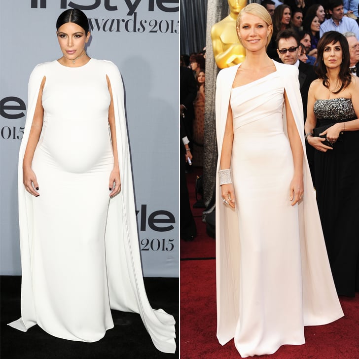 Kim's Valentino cape dress looked similar to Gwyneth's much-talked-about Tom Ford design from the Oscars. Since Gwyneth was named style icon of the evening at the InStyle awards, we wonder if Kim's outfit was a subtle nod to Gwyneth's 2012 design.