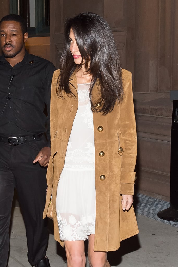 Amal Clooney Wearing a Gucci Suede Coat 2015