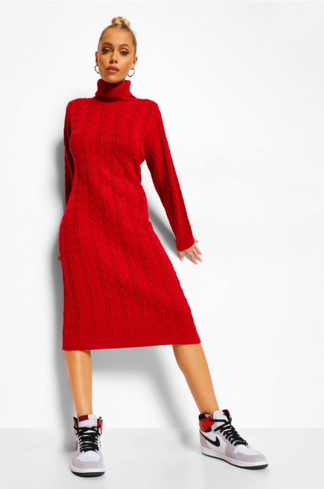 Boohoo Red Turtleneck Cable Sweater Dress