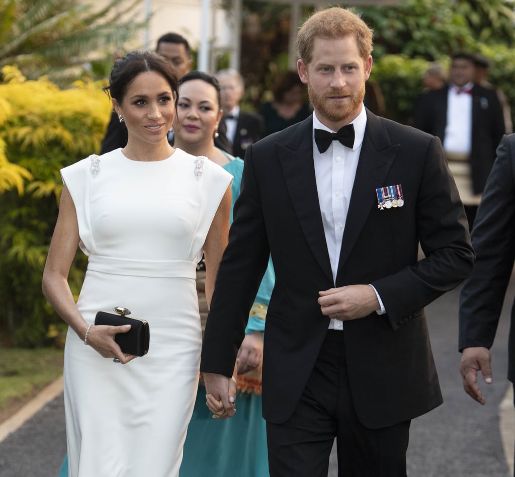 Meghan wore the ring for a second time while in Tonga with Prince Harry, during their first royal tour as a married couple. It perfectly complemented her custom Theia gown and Givenchy clutch.