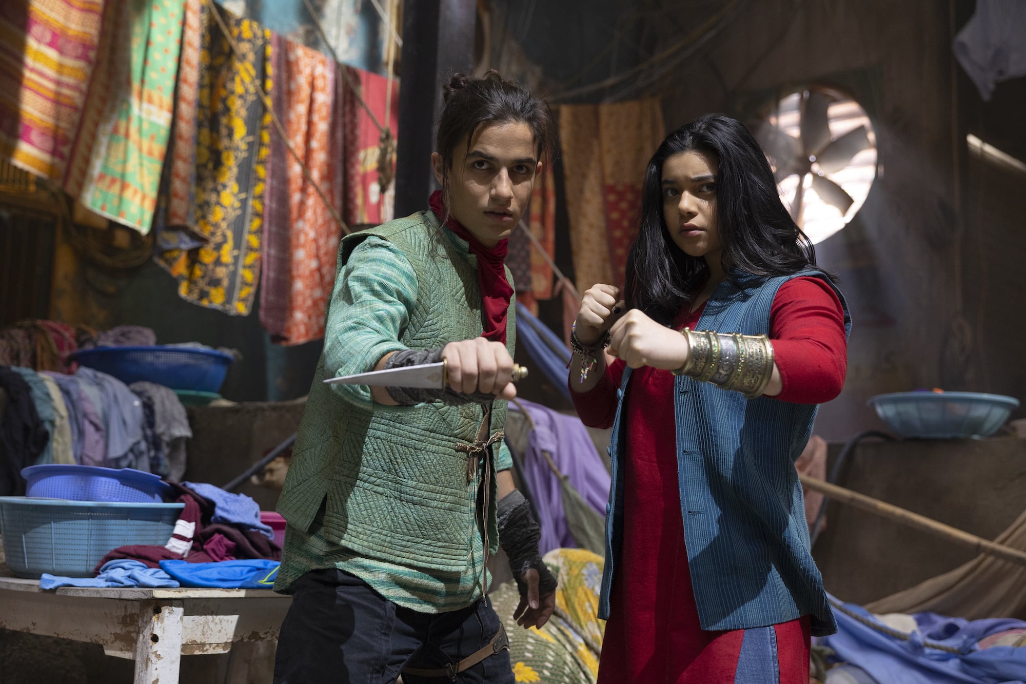 Aramis Knight as Red Dagger/Kareem and Iman Vellani as Ms. Marvel/Kamala Khan in Marvel Studios' MS. MARVEL. 
