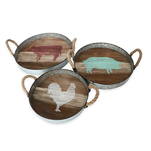 Round Metal & Wooden Decorative Nesting Tray Set