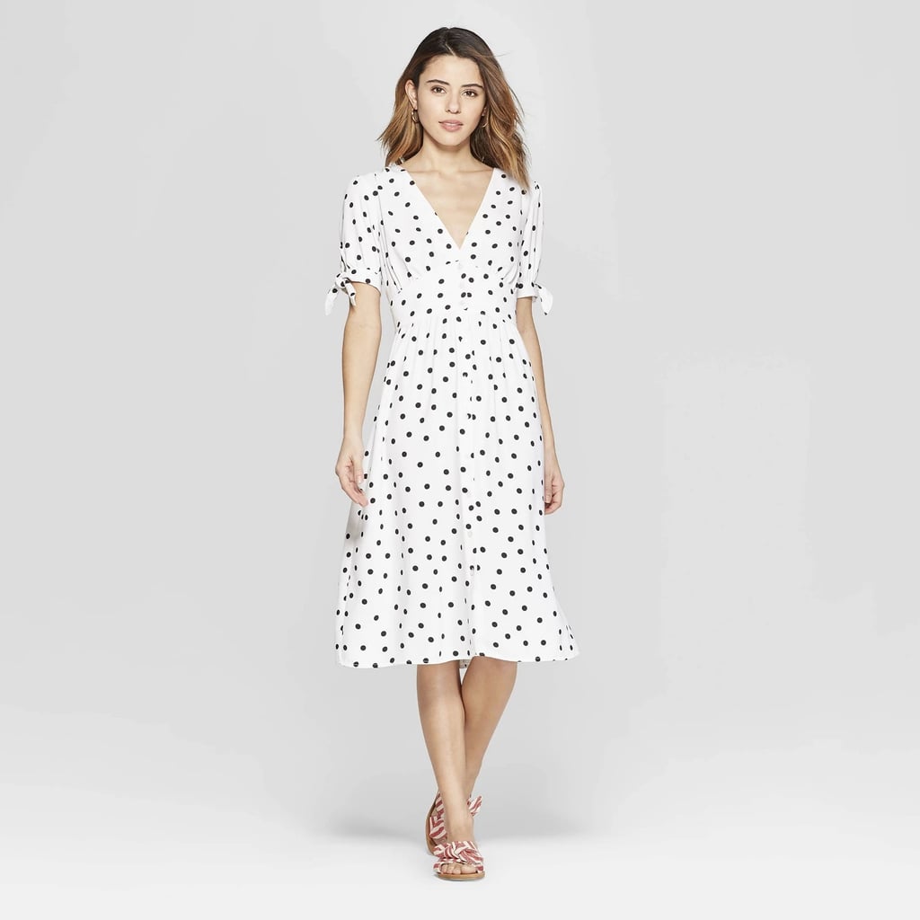 Polka Dot Short Sleeve V-Neck Crepe Dress