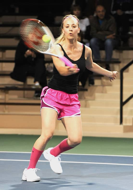 CALABASAS, CA - MARCH 22:  Actress Kaley Cuoco Sweeting plays in a celebrity tennis match at the 2014 USTA Men's Pro Tennis Championships Of Calabasas at the Calabasas Tennis & Swim Club on March 22, 2014 in Calabasas, California.  (Photo by John M. Helle