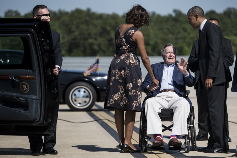 Warmly greeting George H. W. Bush at a Fort Hood memorial service in 2014
