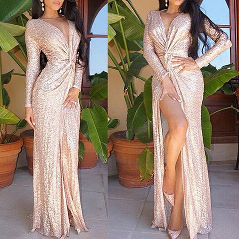 amazon rose gold dresses Rose Gold Sequin Prom Dresses with Deep V-neckline vestido de formatur –  loveangeldress