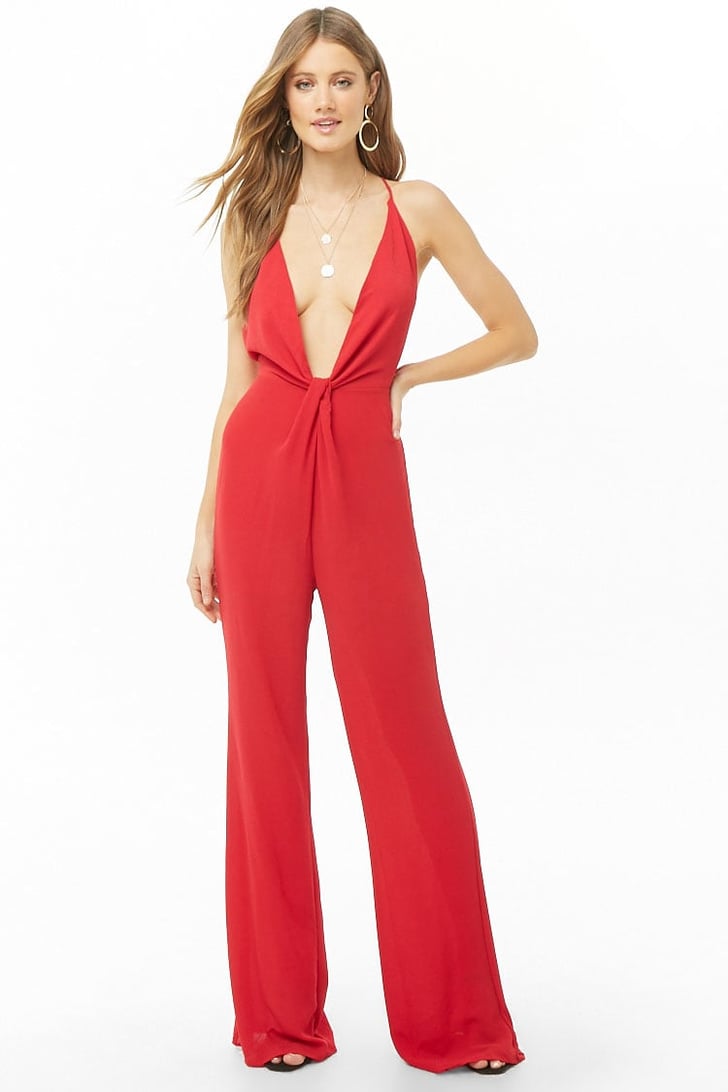 Forever 21 Plunging Palazzo Jumpsuit Priyanka Chopras Red Jumpsuit With Nick Jonas Popsugar