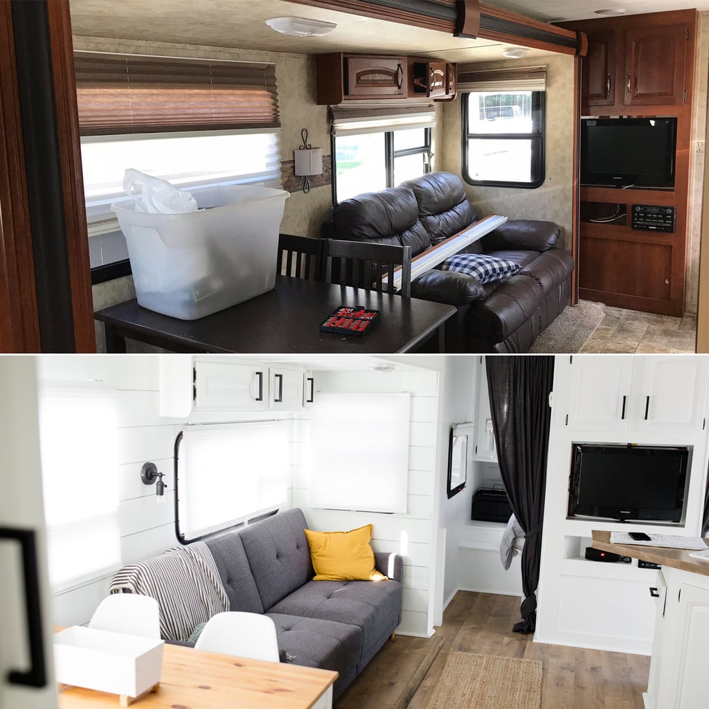PS: Are there any hidden storage or clever space-saving tricks you used in the design?
The Walkers: We first wanted to make sure the three kids had their own beds, so in the back, we created an L-shaped bunk over a twin bed. That way the boys can sleep on top and our baby girl is on the bottom. It enabled a lot of space so that they could play in the back. We tend to camp with family and friends, so because there are always lots of kids in our trailer, we wanted to optimize that space!
We also wanted to move the wall in the front by the master bed. Originally, the middle wall that sectioned off the master extended all the way to the one side of trailer, so it was hard to get in and out of the bed. Sean decided to cut and center the wall so that we still had some privacy but now could enter on either side of the bed. 
We kept the TV slash mirror on a swivel so that we could swivel the TV either facing the kitchen or it could swivel into the master if we want to watch a movie in bed. We also have a lot of bins and organizational pieces in the cupboards to make everything feel like it has a "home." In the kids' room, there is a large closet that pops out, so that also helps with storage.
PS: Now that you've completed a few of these renovated trailers, what have you learned along the way?
The Walkers: We have learned that painting a trailer takes a lot of time, so next time, we might hire it out. It's what took the most time out of everything. We also learned with our first trailer not to use the sticky laminate flooring, so with this new trailer, we used the Newport Oak flooring from Costco. It's a really pretty color, very inexpensive, and super easy to work with as well.