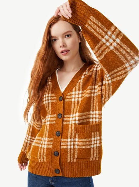 Free Assembly Women's Grandpa Plaid Fuzzy Cardigan