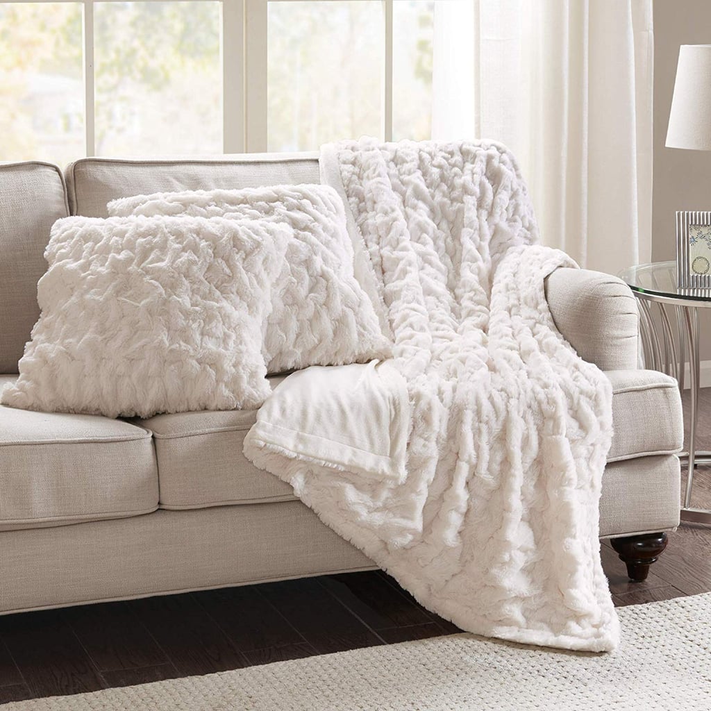 Comfort Spaces Ruched Faux Fur Plush 3 Piece Blanket Set